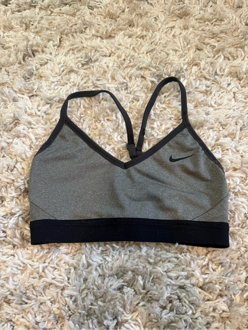 Nike Women's Gray Sports Bra with Black Trim and thin straps